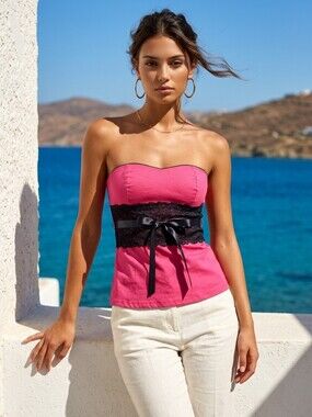 Body Central Hot Pink Strapless Corset Top with Black Lace Accent